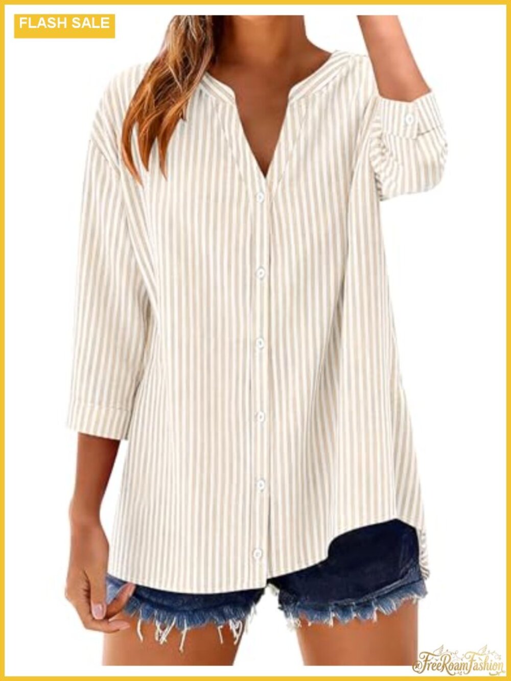 Women's 3/4 Sleeve Cotton Button Down Shirt Gingham Plaid V-Neck Loose Fit
